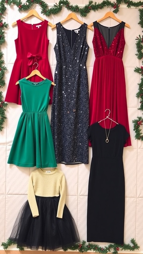 Stylish Christmas Party Outfits for Women A collection of stylish Christmas party outfits for women displayed with festive decorations.